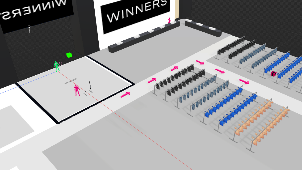 Rough 3D depiction of a Winners store using basic shapes and colours